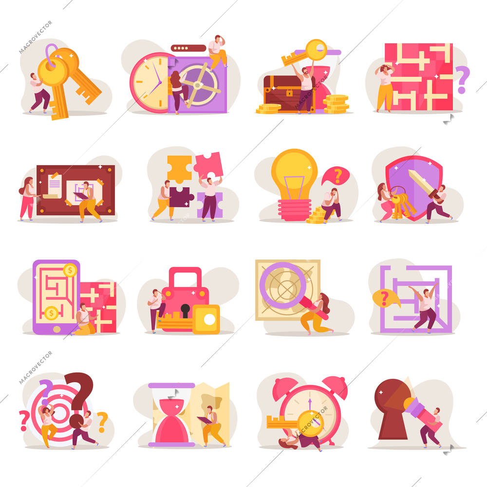 Quest game flat icons set with isolated compositions of doodle human characters and gaming pictogram images vector illustration