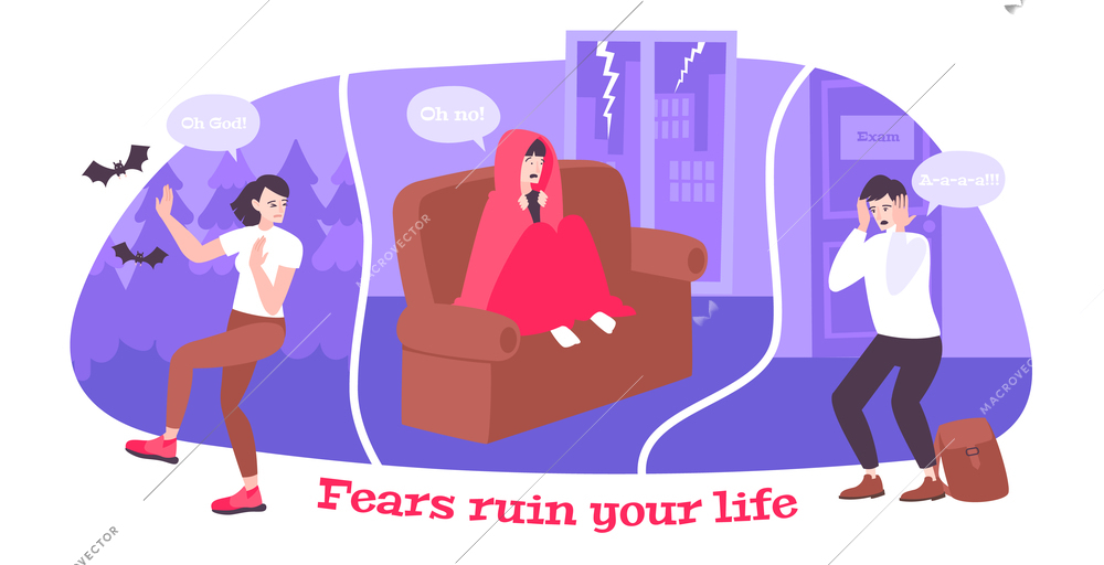 Fears ruin your life vector illustration with people in different situations home in forest and before exam