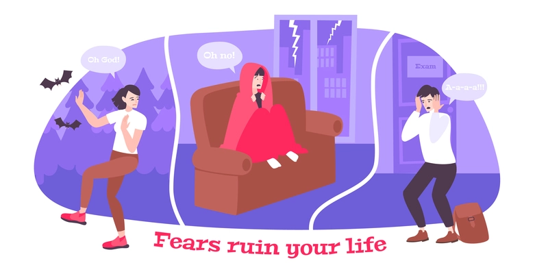 Fears ruin your life vector illustration with people in different situations home in forest and before exam