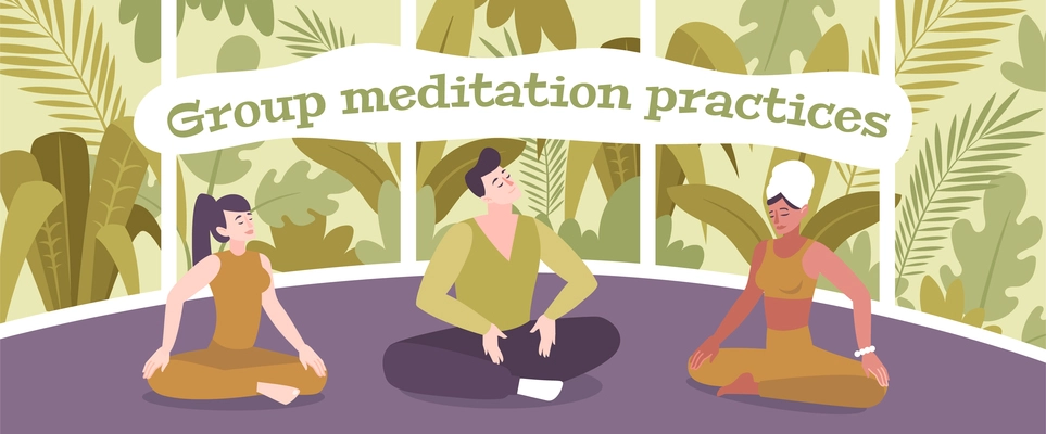 Group meditation practices flat composition with people sitting in lotus pose vector illustration
