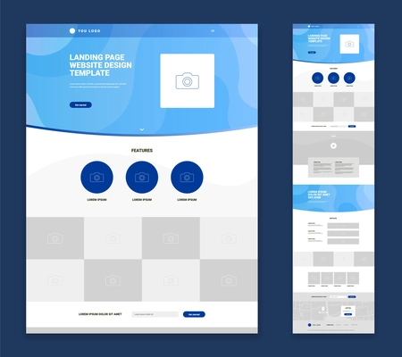 Website landing page flat design with logo photo features articles video contact form isolated on blue background vector illustration