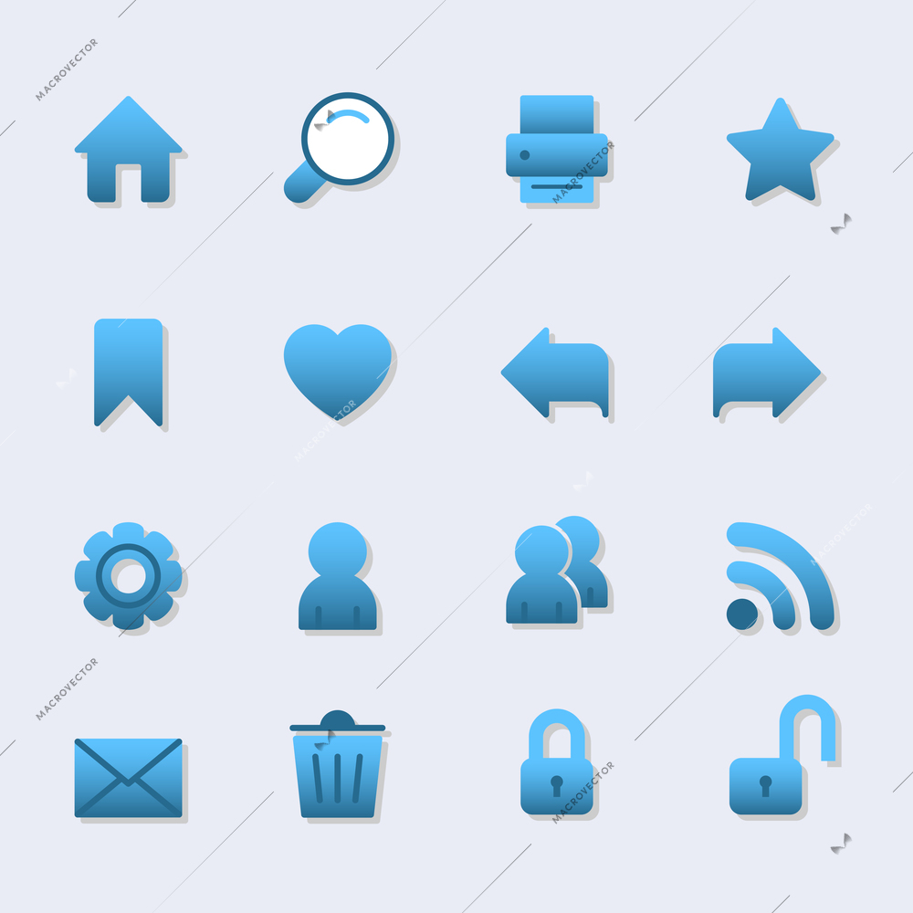 Basic iconset for web design, gradient with shadow isolated vector illustration