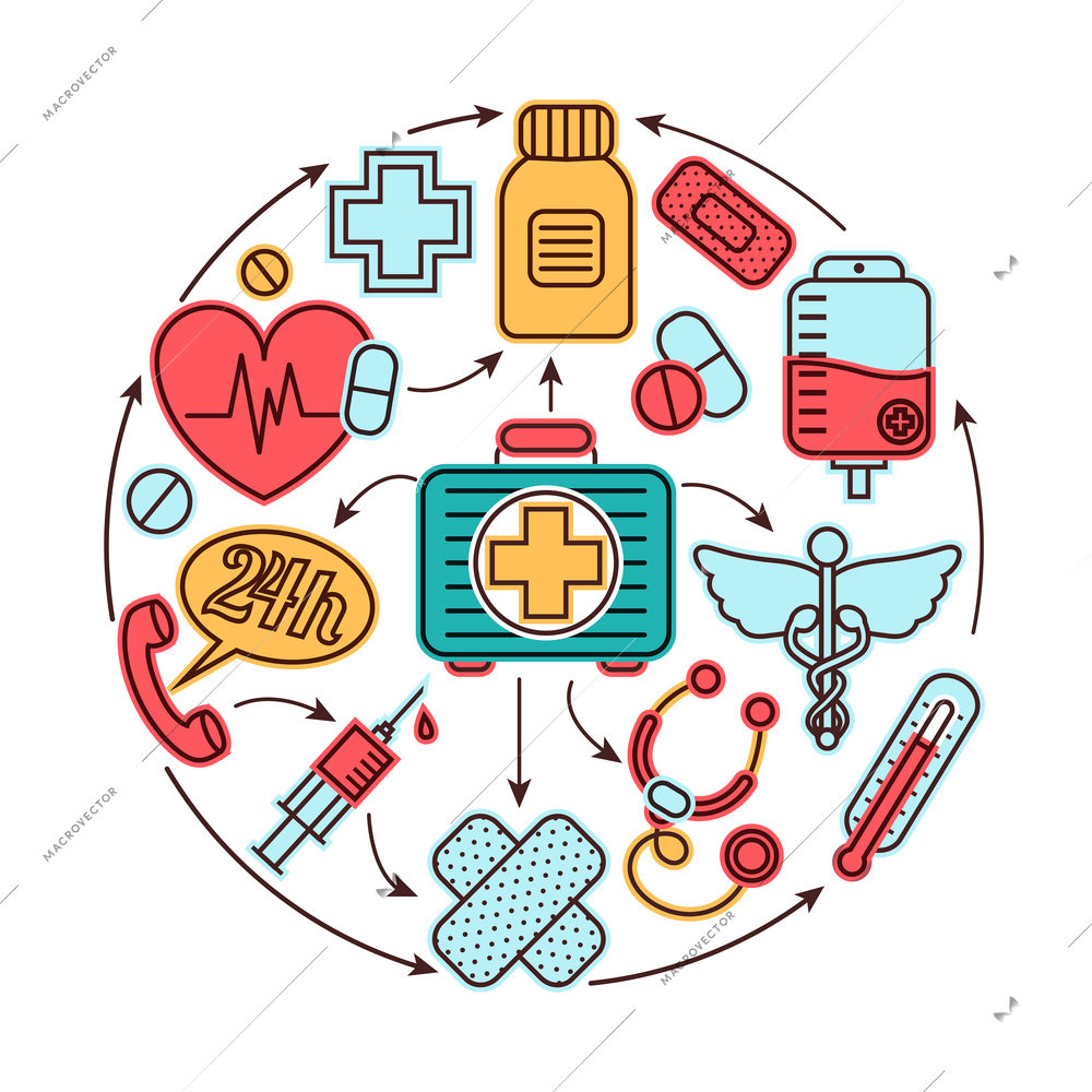 Medical emergency first aid health care icons set medicine concept vector illustration