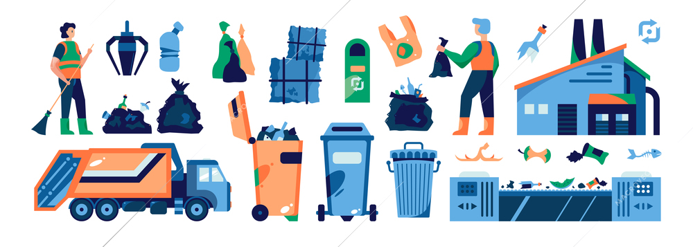 Garbage recycling horizontal set with waste sorting symbols flat isolated vector illustration