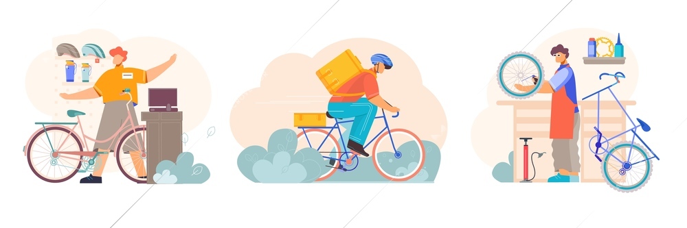 Bicycle 3 flat compositions with spare parts accessories shop seller repairman service bike courier delivery vector illustration