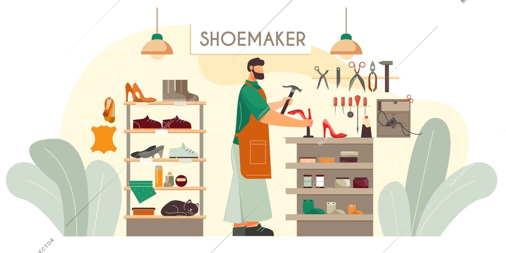 Shoemaker custom made shoes footwear repair service fixing heels on ladies red pumps flat composition vector illustration