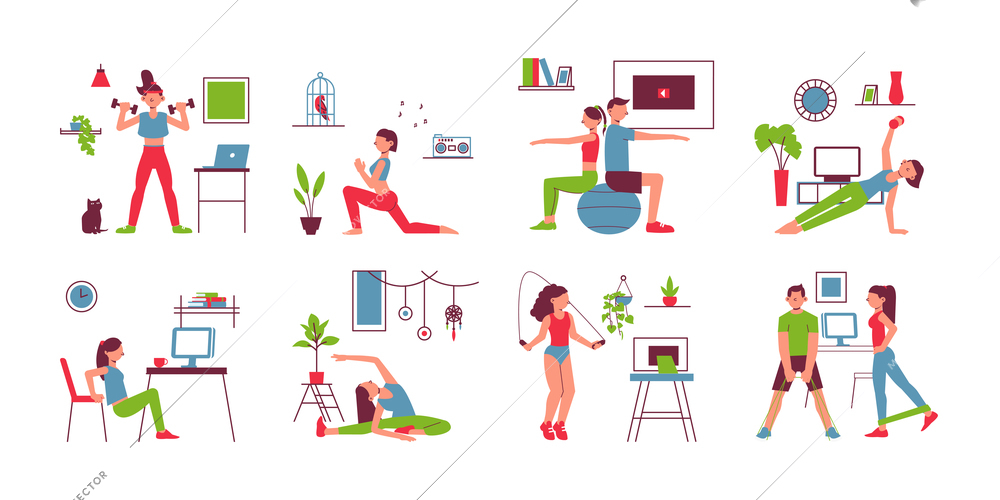 Yoga fitness home flat icons set with ball balance stretching skipping rope chair squats exercises vector illustration