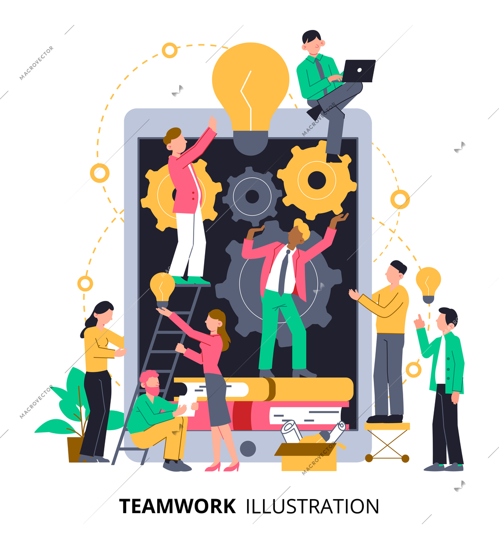 Teamwork composition with text and images of tablet with gear idea icons books and human characters vector illustration