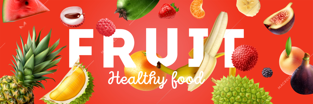 Horizontal colored and realistic fruits horizontal poster with fruit levitation and big headline vector illustration