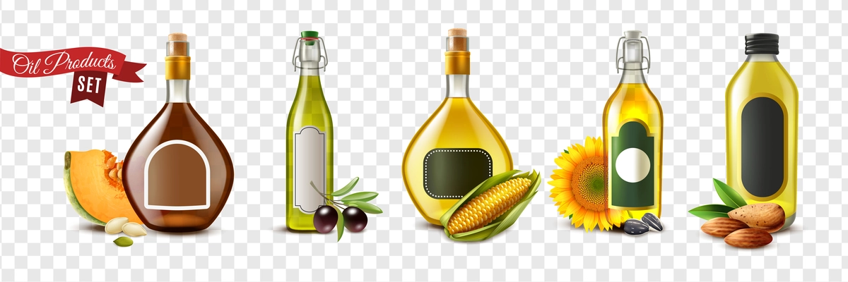 Realistic oil product transparent icon set with almond pumpkin seed olive corn and sunflower oils vector illustration