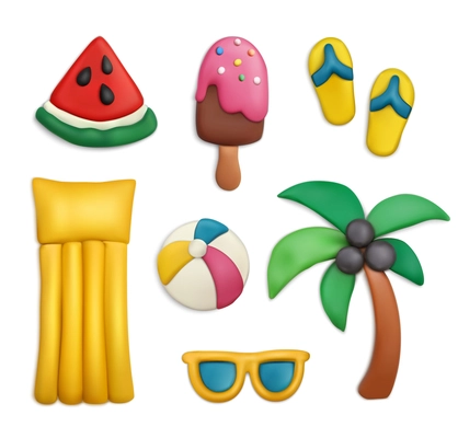 Plasticine modeling clay sea beach summer vacation objects realistic set with palm flip flops isolated vector illustration