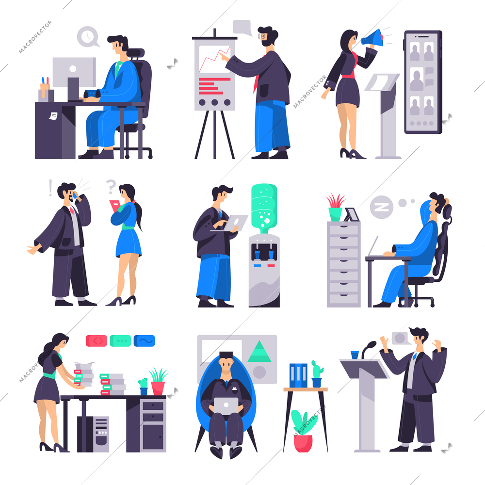 Business set of compositions with office worker characters workplaces briefing tribunes water heater and pictogram icons vector illustration