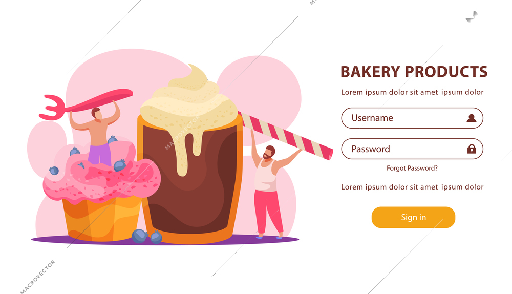 Bakery products website with cakes and sweets symbols flat vector illustration