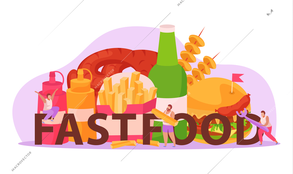 Fast food flat composition with fat men eating burger chips sausages kebab vector illustration