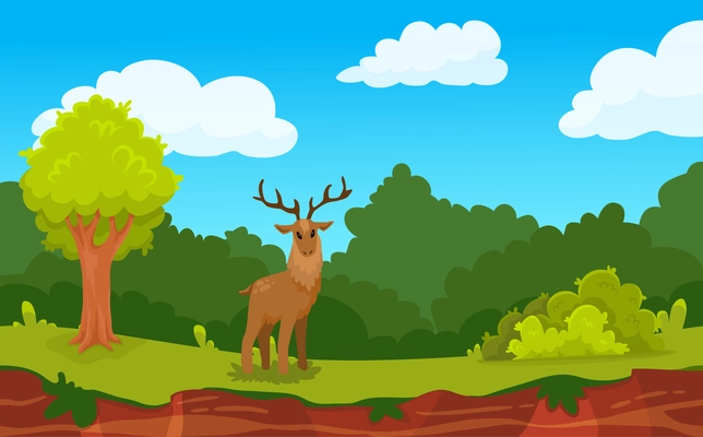 Forest game landscape background with deer and wood flat vector illustration