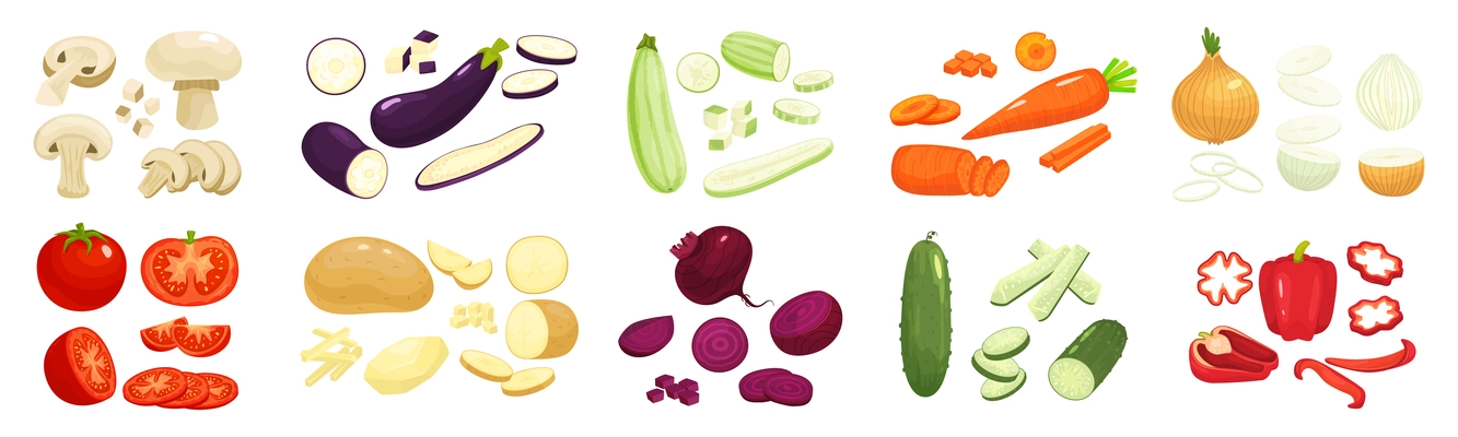 Sliced vegetables set with onion carrot and potatoes flat isolated vector illustration