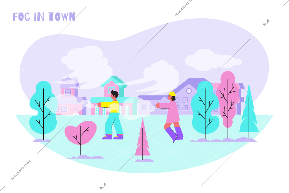 Fog people composition with outdoor landscape and clouds of mist with trees and walking human characters vector illustration