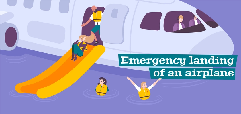 Emergency landing flat background with steward providing evacuation of passengers in life jackets from airplane vector illustration