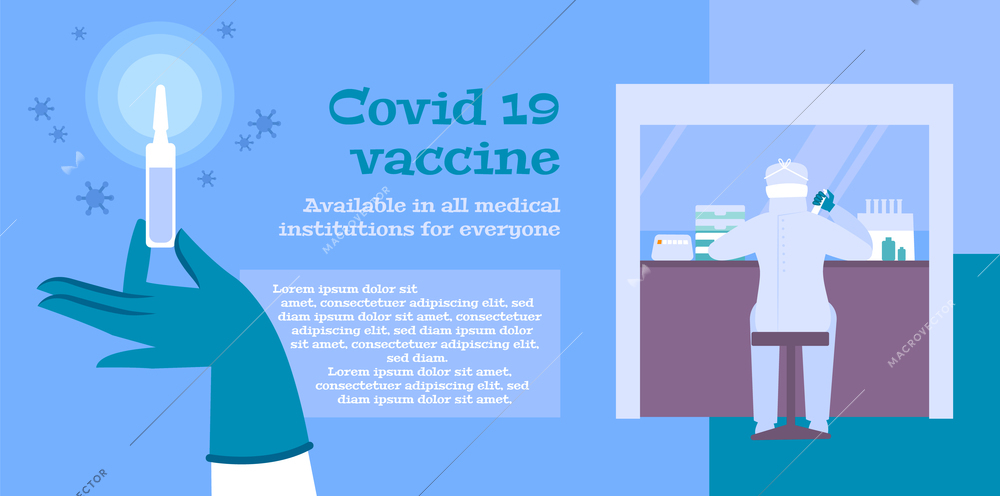 Coronavirus vaccine flat banner with doctor virologist working in lab and vial in human hand wearing  protective glove in vector illustration