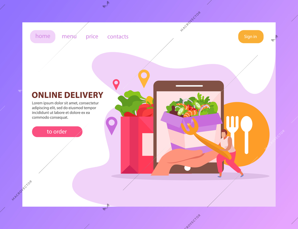 Food delivery flat landing page with text clickable links buttons and images of gadget and fastfood vector illustration