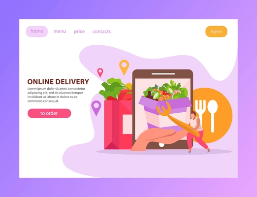 Food delivery flat landing page with text clickable links buttons and images of gadget and fastfood vector illustration