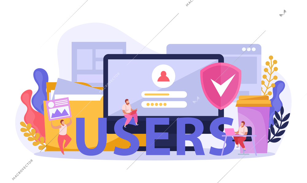 Computer users flat composition of text and human figures with desktop pc images and documents folders vector illustration