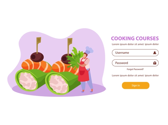 Professional kitchen flat background website login page with dish images and fields for username and password vector illustration