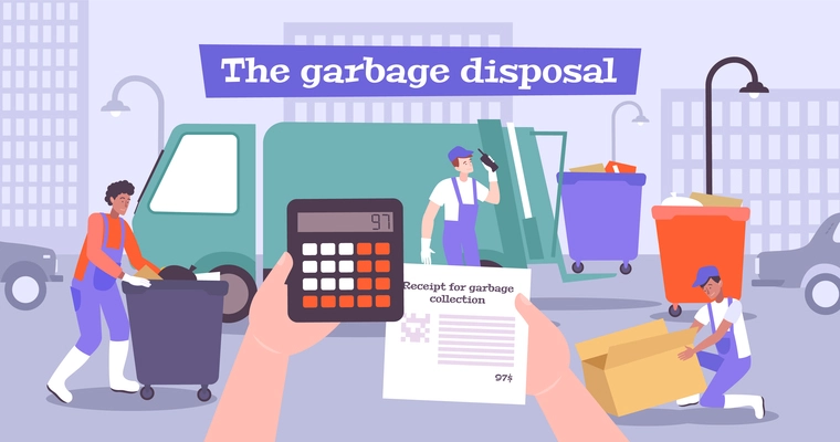 Payment garbage flat composition with hands holding calculator bill and rubbish collectors with bins and truck vector illustration