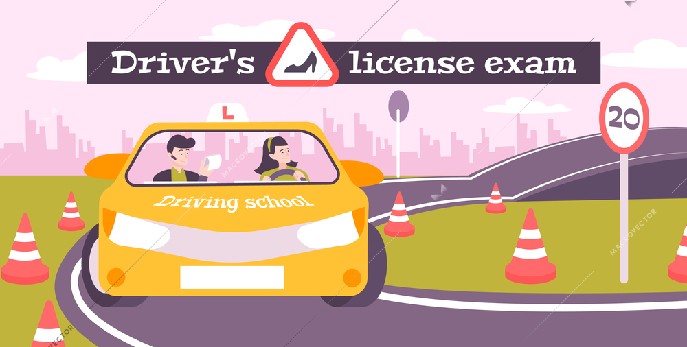 Driving school exams flat composition with text and outdoor test track scenery with driver and instructor vector illustration