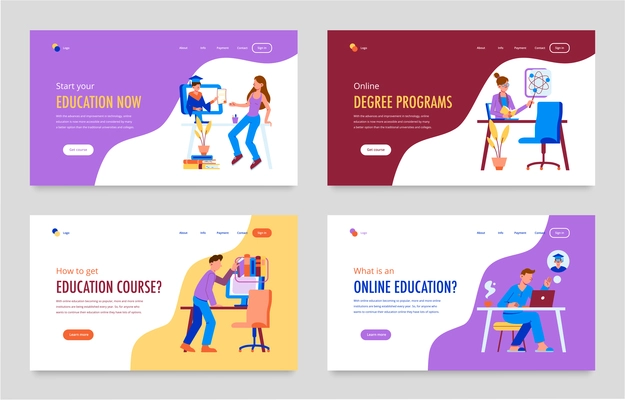 Online education set of four horizontal banners with doodle human characters computers workspaces and clickable buttons vector illustration