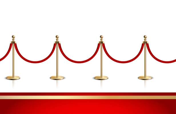 Colored and realistic red carpet composition with red and gold carpet and gold rope barrier vector illustration