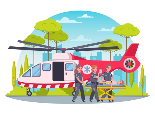 Paramedic first aid cartoon concept with helicopter ambulance vector illustration