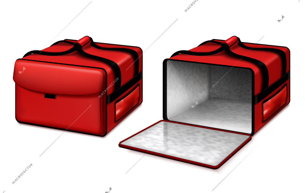 Hot food delivery courier thermal insulated pizza bag opened and closed bright red realistic set vector illustration