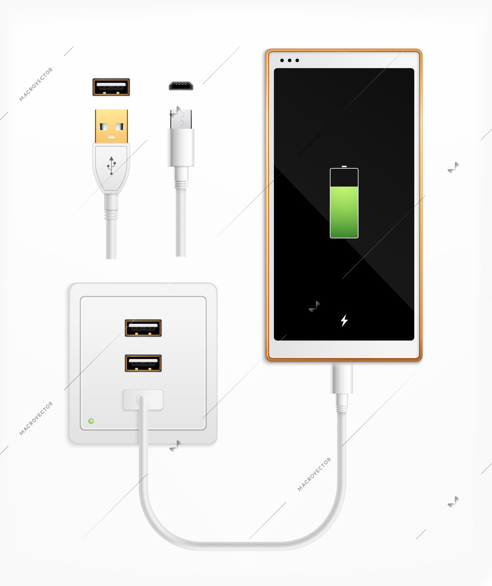 Usbport plug in charge realistic composition with set of isolated cable connectors ports socket and smartphone vector illustration