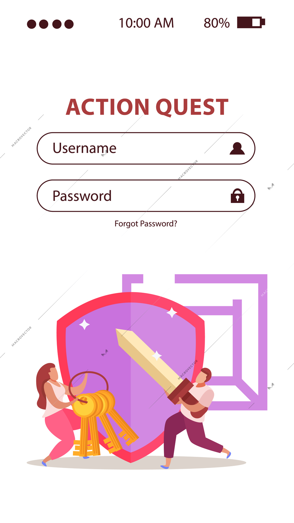 Quest game flat vertical background for mobile version website username and password fields and doodle images vector illustration