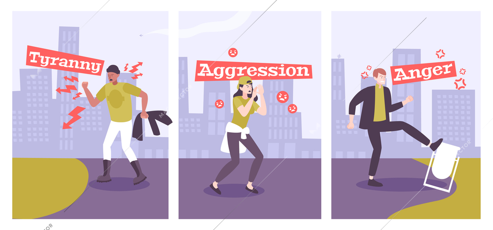 Collection of men and women with mental disorders so as aggression tyranny anger flat vector illustration