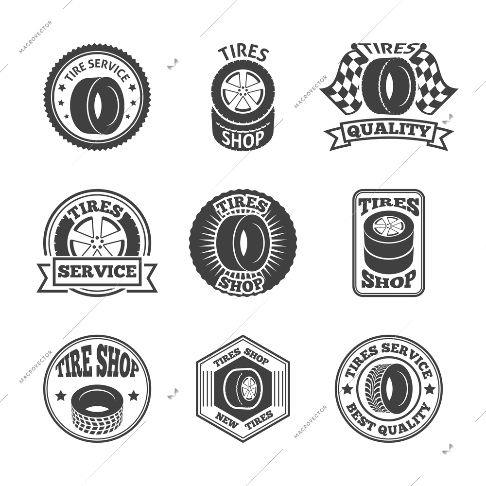 Different brands tires tread pattern shops emblems and replacing service labels set black abstract vector illustration