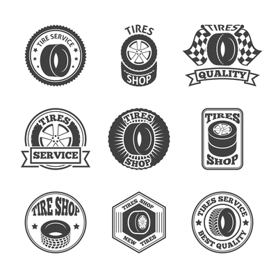 Different brands tires tread pattern shops emblems and replacing service labels set black abstract vector illustration