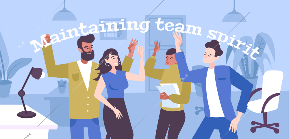 Maintaining team spirit flat background with group of creative young business people in office interior vector illustration