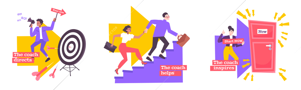 Coaching flat compositions set of coaches helping people to achieve  quick success in career raising isolated vector illustration