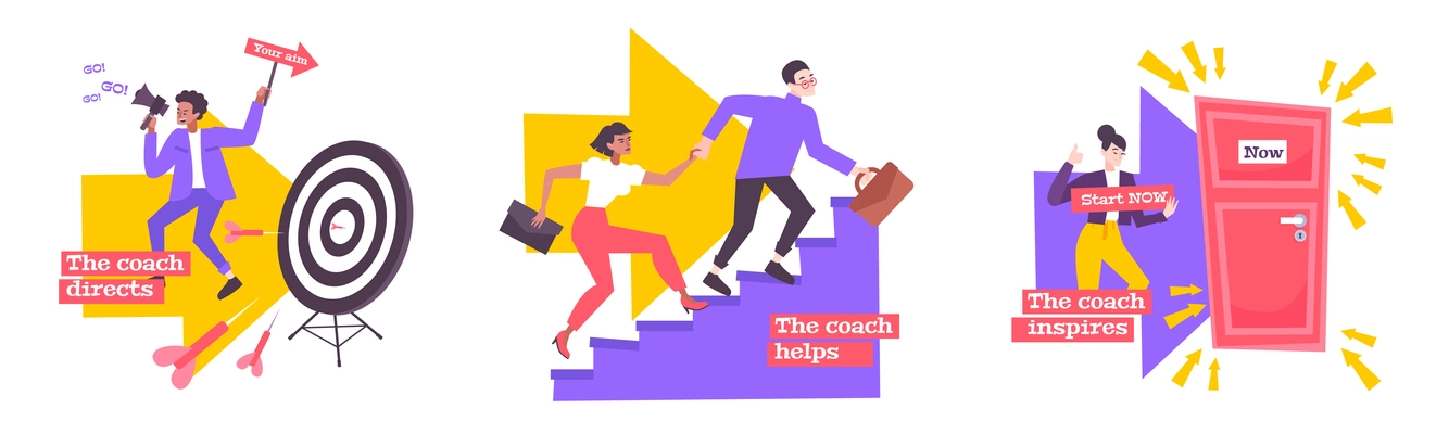 Coaching flat compositions set of coaches helping people to achieve  quick success in career raising isolated vector illustration