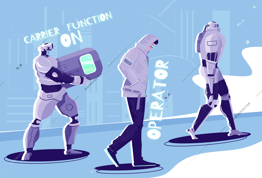 Robot people flat composition with characters of walking androids with editable text captions and abstract background vector illustration