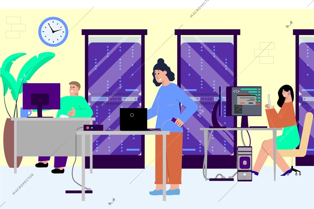 It specialist office flat composition with programming company office scenery with computer workplaces and server racks vector illustration