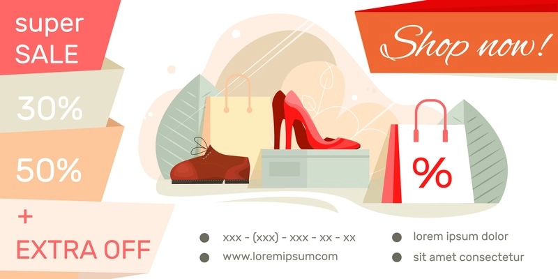 Shoe shop landing page with super sale footwear offer contacts adressen advertising flat banner vector illustration