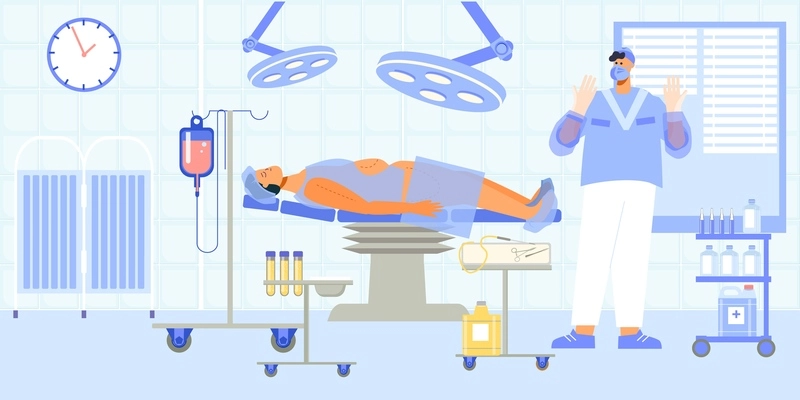 Liposuction surgery procedure flat composition with patient on operation table with fat removing  areas markings vector illustration