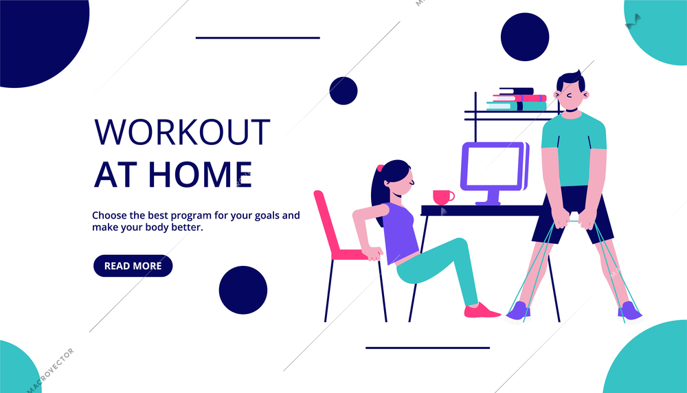 Home yoga fitness horizontal banner with man and woman doing physical exercises at home with furniture vector illustration