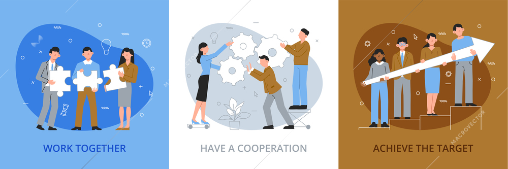 Teamwork design concept with set of three square compositions with text coworker characters and gear icons vector illustration