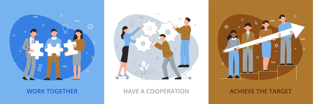 Teamwork design concept with set of three square compositions with text coworker characters and gear icons vector illustration