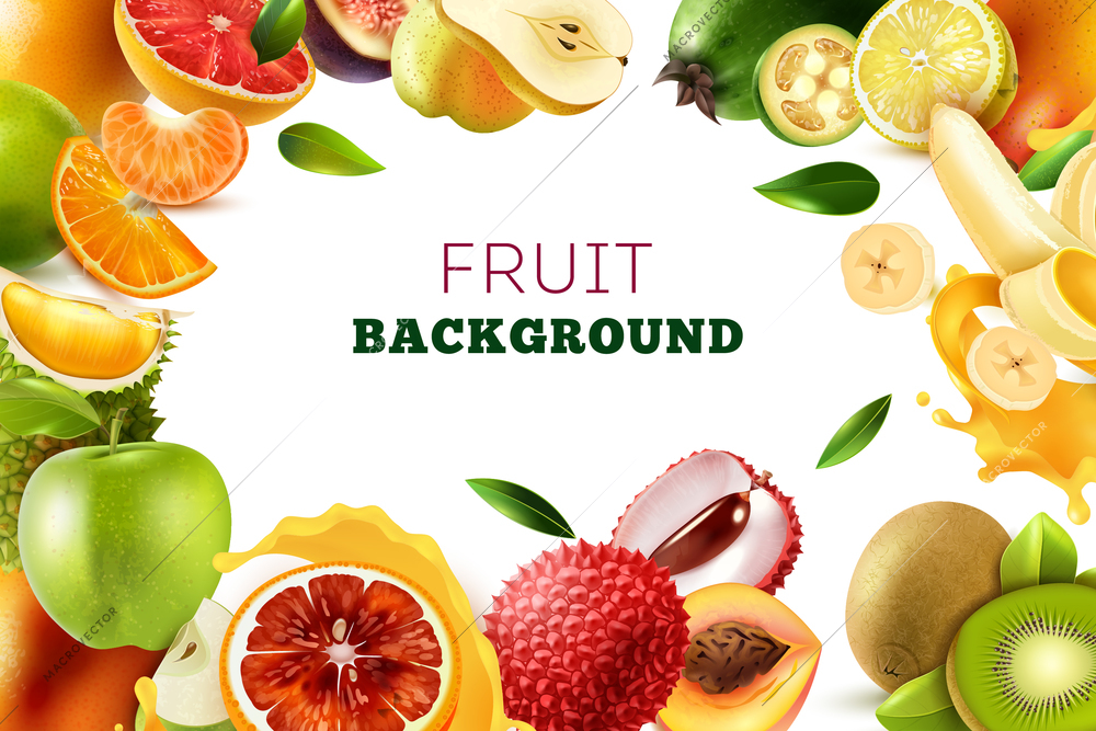 Realistic fruits frame with place at the center and big headline on white background vector illustration