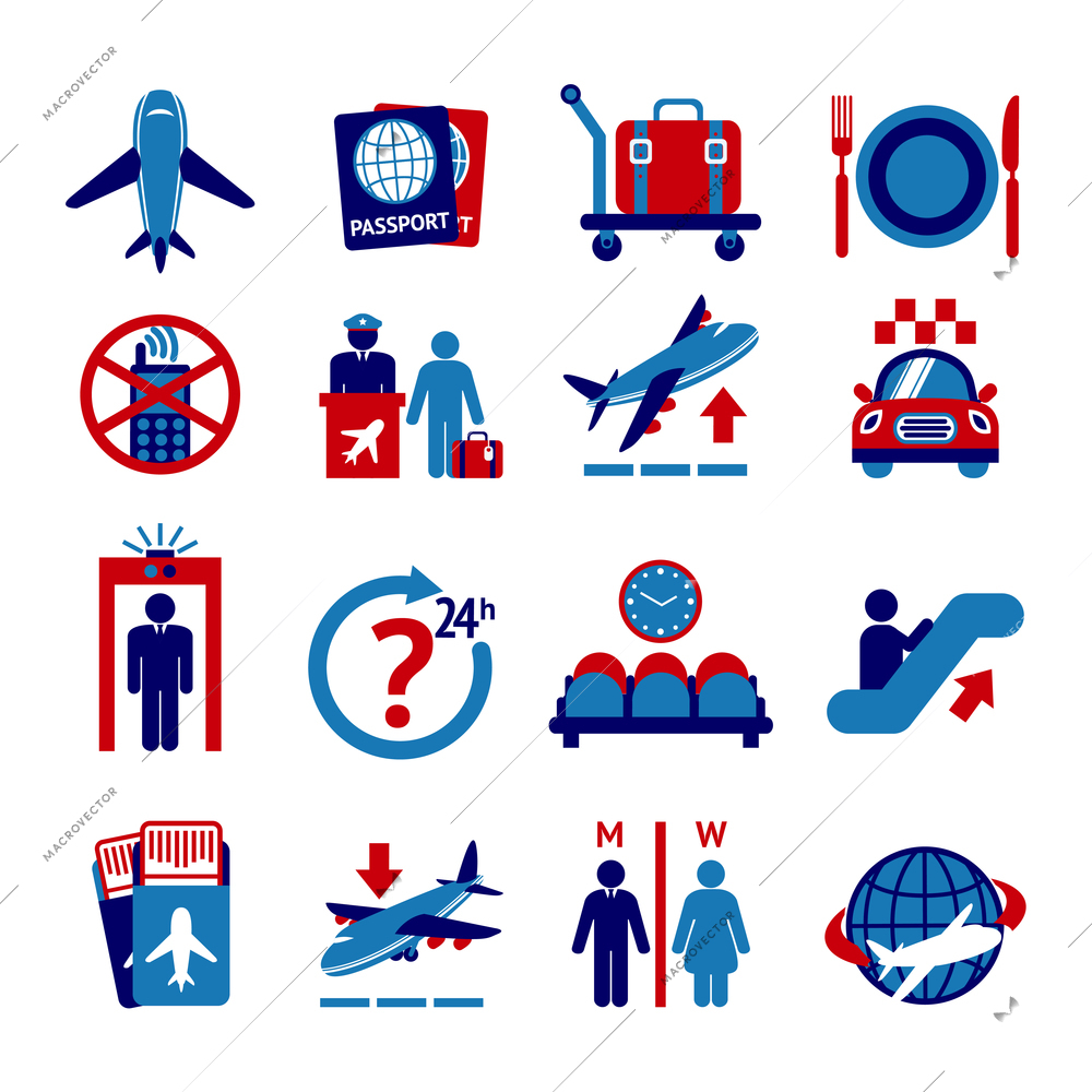 Airport travel button icons set with plane security check baggage control isolated vector illustration